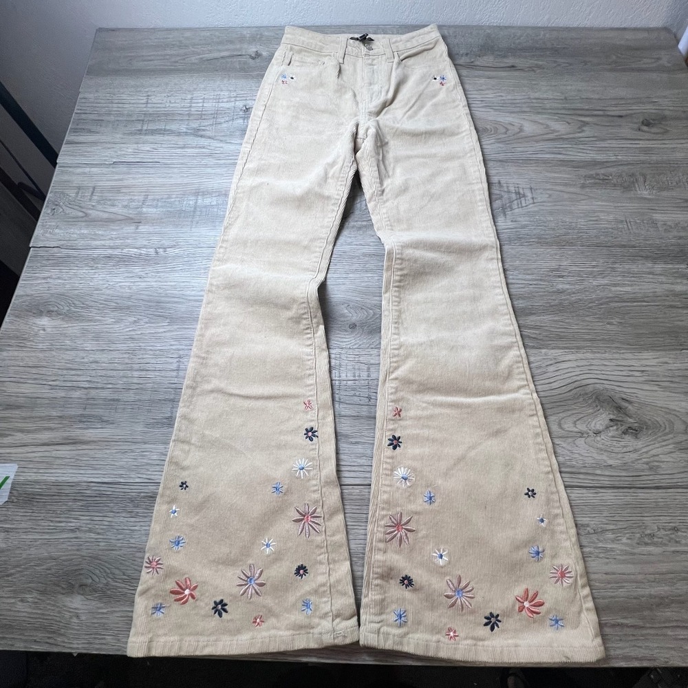 Forever‎ 21 Flare Pants Womens Small Tan Corduroy Floral Embroidered Boho 70s